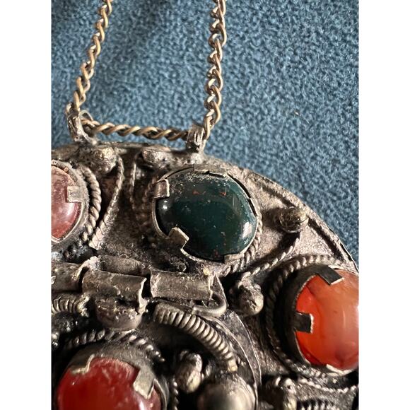 Tibetan Silver Amulet Necklace 27” – Carnelian Agate Bloodstone Locket Pendant - Picture 8 of 11